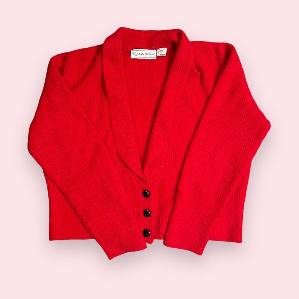 Vintage Evan-Picone Red Lambswool + Angora Blend Cardigan Ribbed Knit Size M